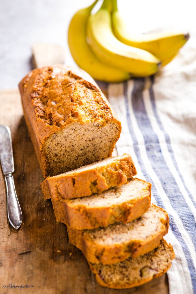 thick slices of banana bread on wooden cutting board