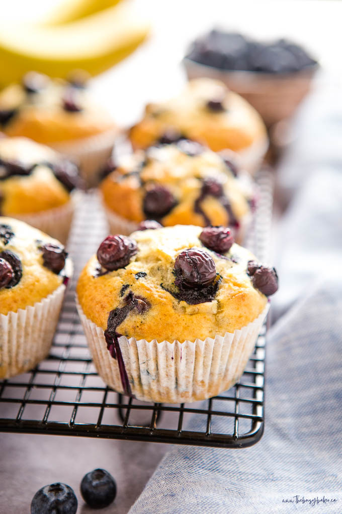 closeup image: banana blueberry muffins