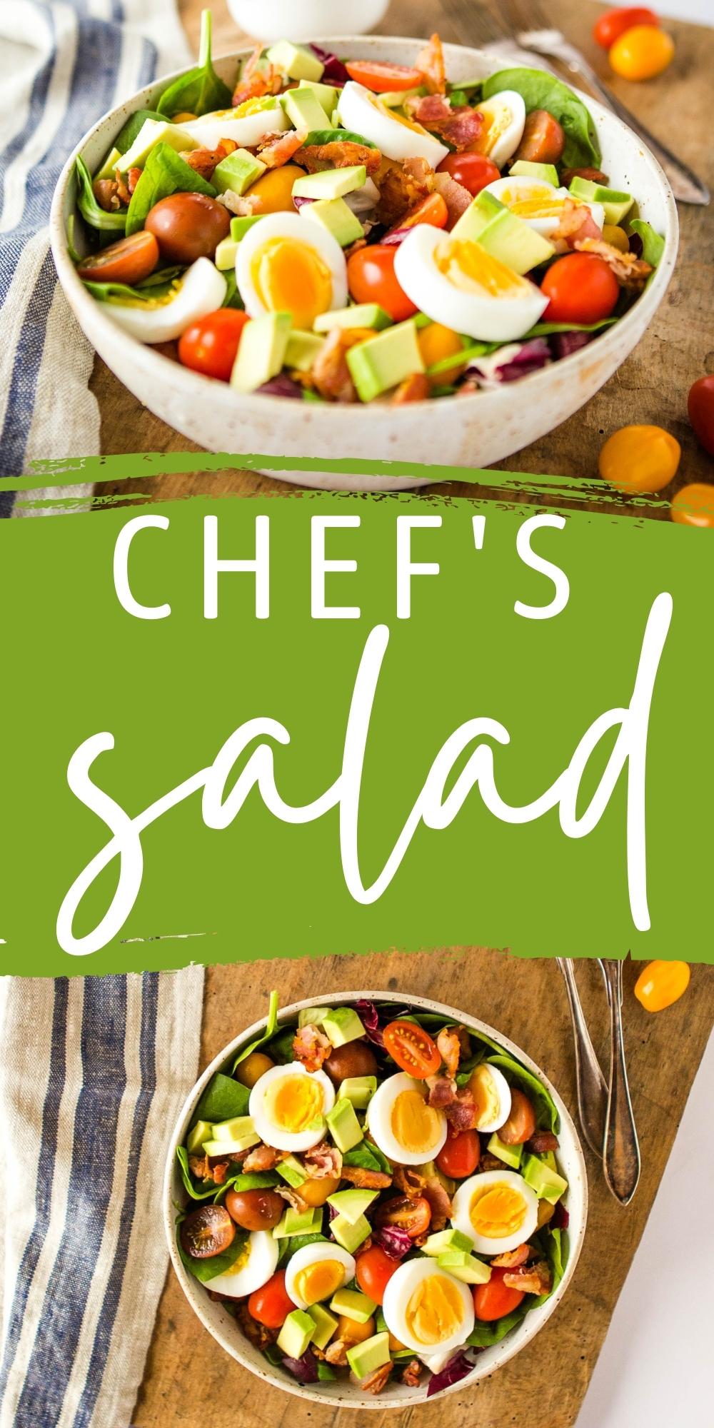 This Chef's Salad with Egg is a filling, protein-packed salad made with hard boiled eggs, avocado, bacon, veggies, & ranch dressing! Recipe from thebusybaker.ca! #cobbsalad #chefssalad #chefsalad #saladwithegg #avocado #bacon #lunch #protein #healthy #keto #lowcarb via @busybakerblog