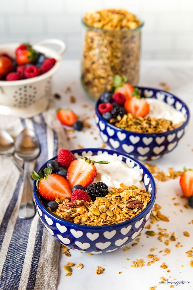 bowl of homemade granola, yogurt and fruit