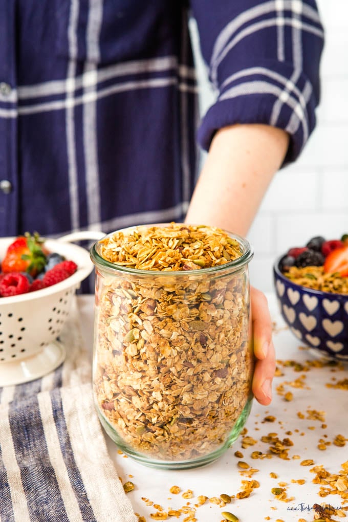 large glass jar of homemade granola