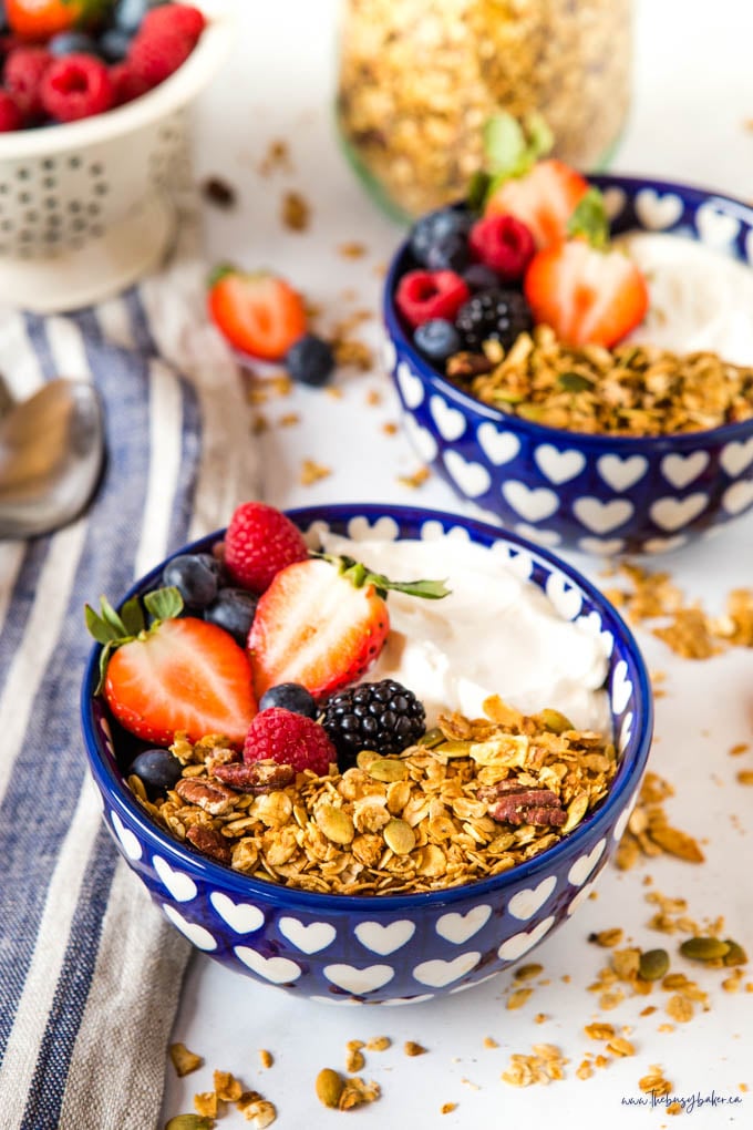bowl of homemade granola with Greek yogurt and berries