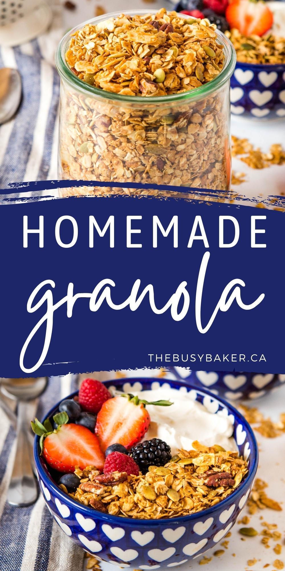This Homemade Granola recipe is the perfect easy make-ahead breakfast or snack - made with oats, honey or maple syrup, nuts, and seeds in under 30 minutes! Recipe from thebusybaker.ca! #granola #homemade #healthy #wholegrain #snack #vegetarian #vegan #health #refinedsugarfree #breakfast via @busybakerblog