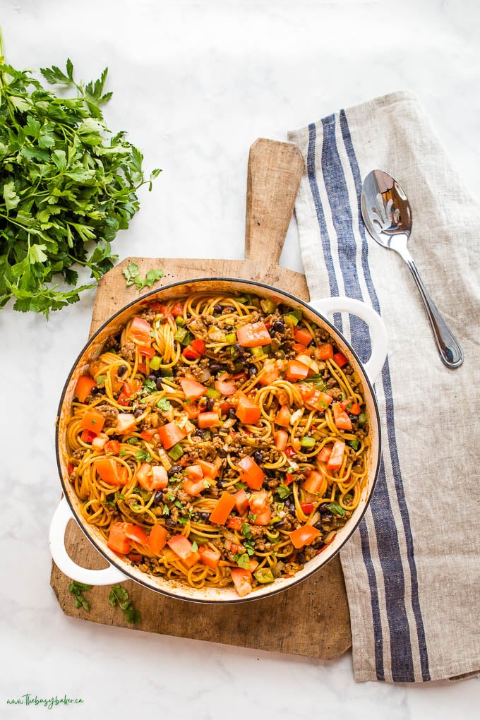 overhead image: one pot taco spaghetti recipe