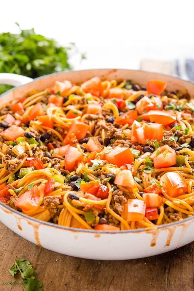 spaghetti with black beans, beef, tomatoes, and cilantro