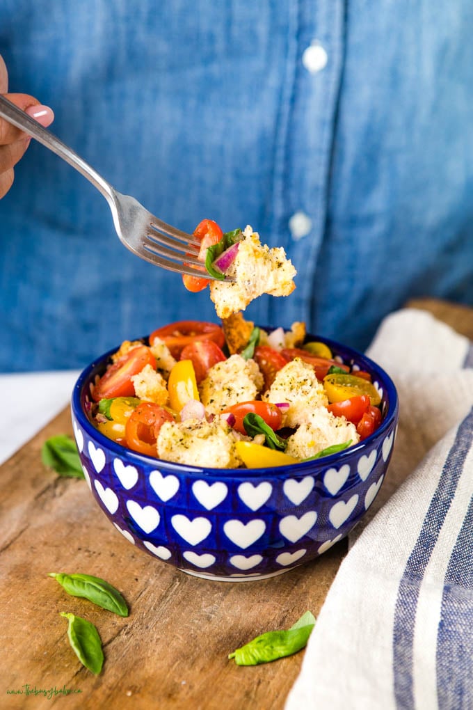 blue heart polish ceramic bowl with Italian Panzanella salad