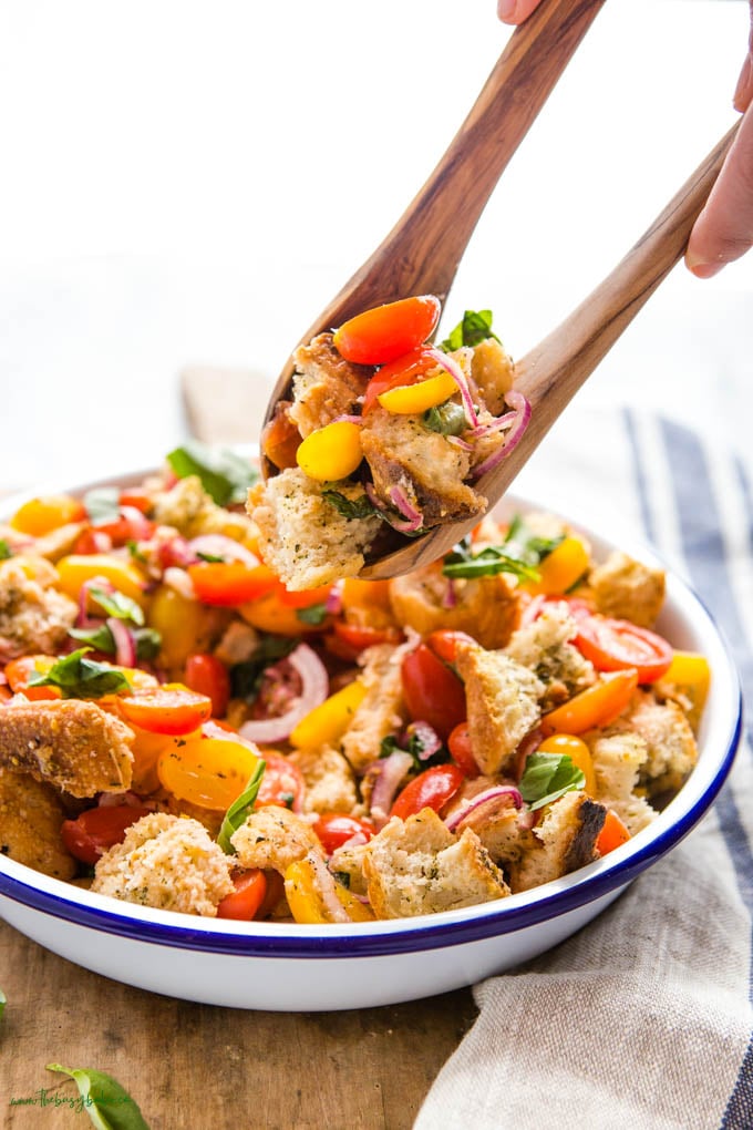 Olive wood salad spoons with Italian Panzanella Salad