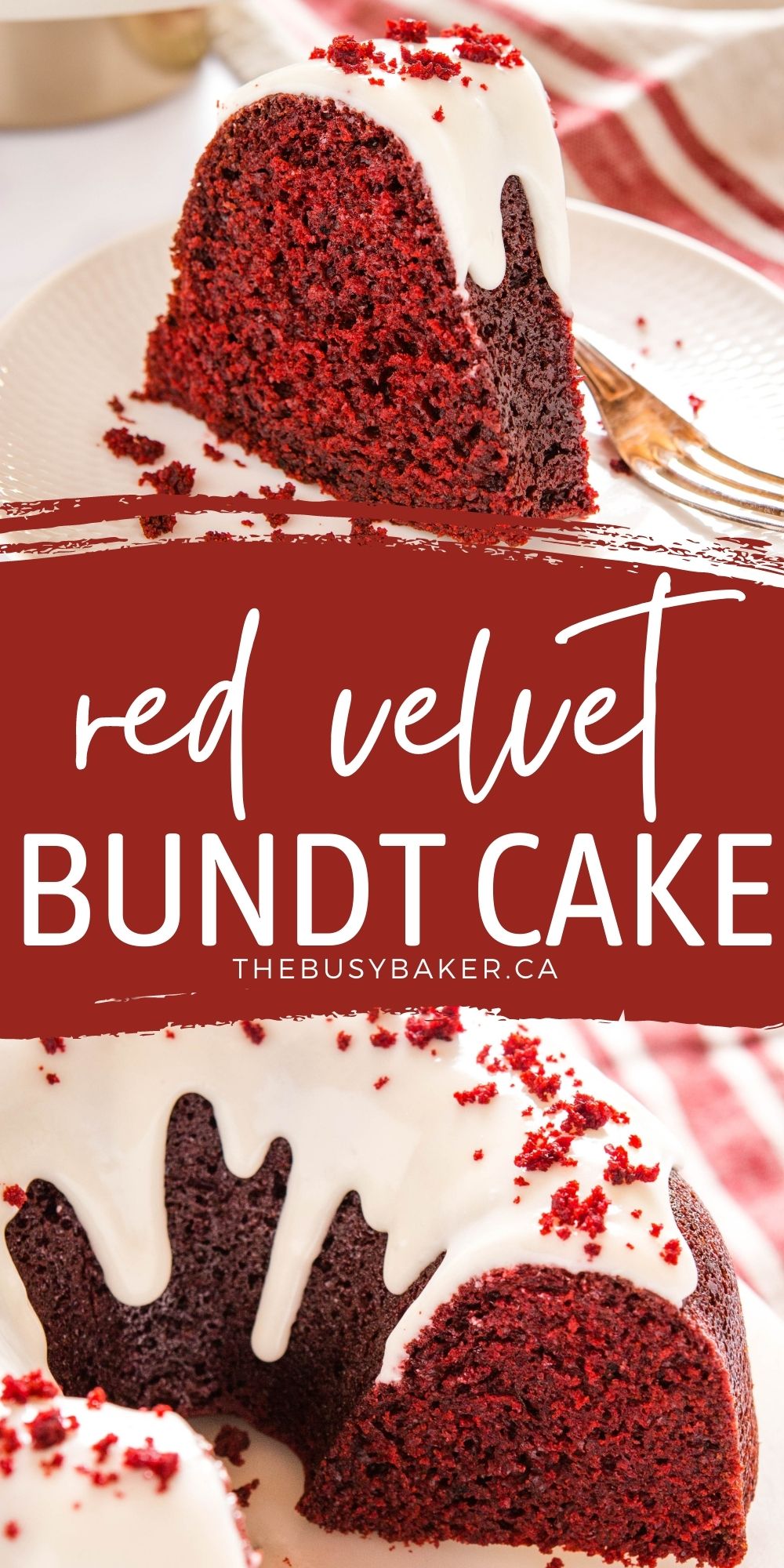 This Red Velvet Bundt Cake is moist and delicious, bright red and chocolatey, with the perfect white glaze. Make this recipe easily in ONE bowl! Recipe from thebusybaker.ca! #bundtcake #redvelvetcake #valentinescake #redvelvet #dessert #baking #bakingforbeginners #cakerecipe via @busybakerblog