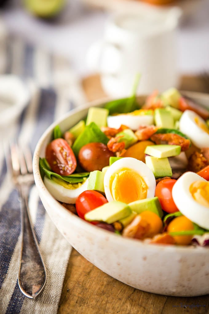 closeup image: chef's salad with egg, bacon, avocado, and veggies