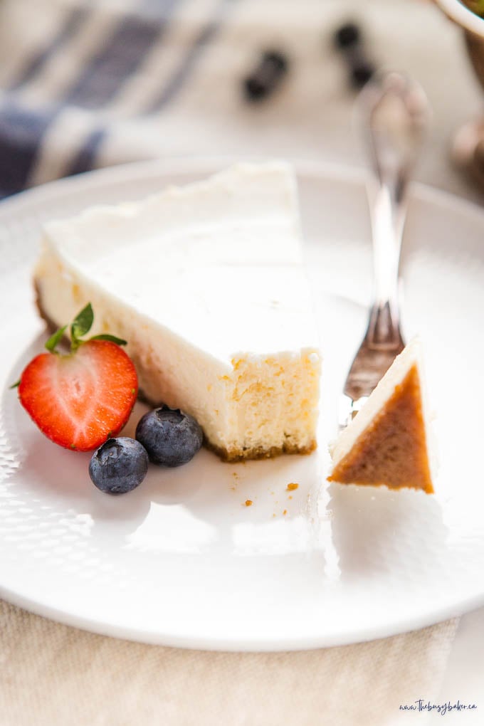 slice of cheesecake on white plate with fork
