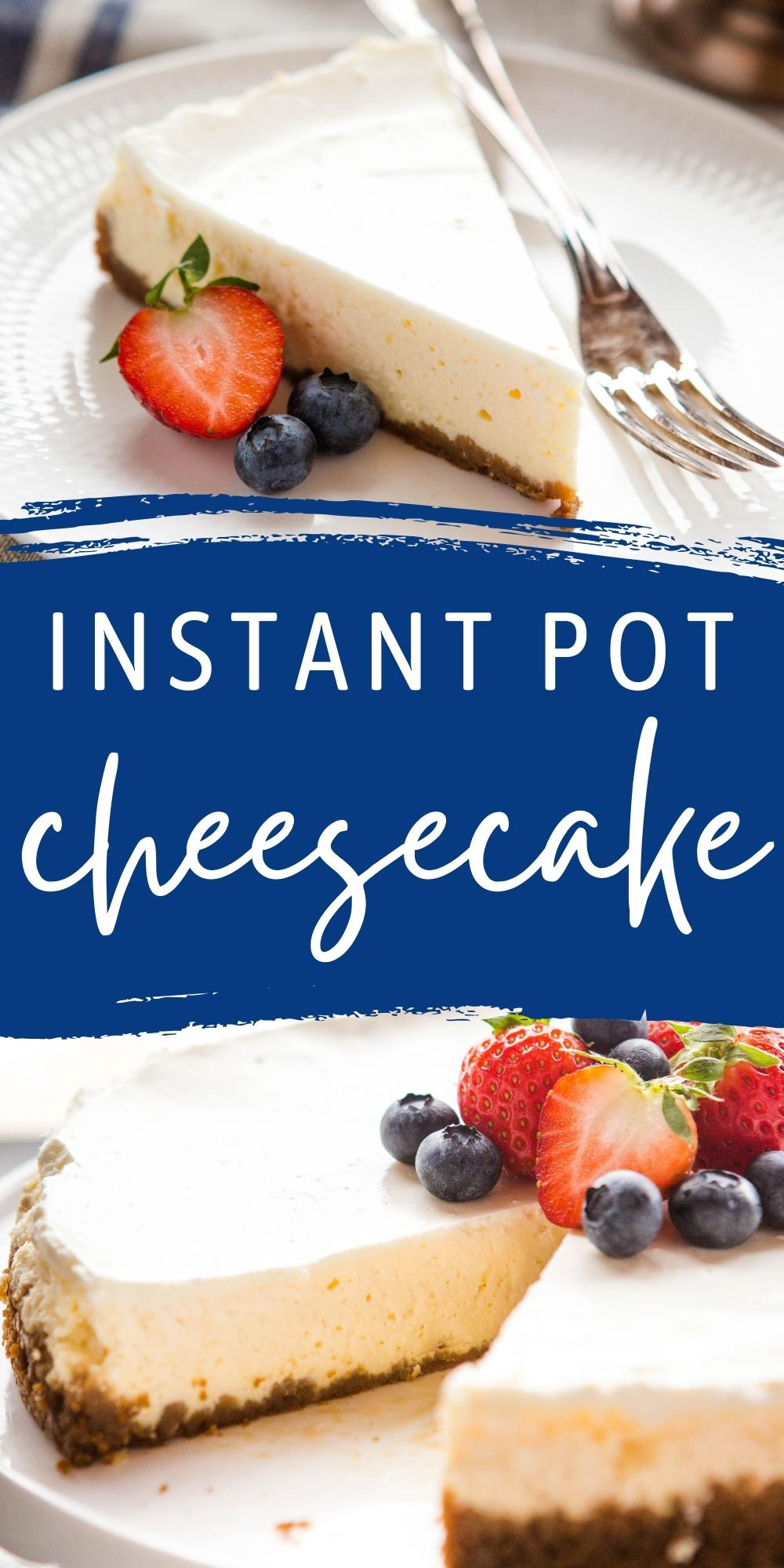 This Instant Pot Cheesecake is ultra soft and creamy and quick & easy to make! New York-style cheesecake that's baked in minutes in your electric pressure cooker! Recipe from thebusybaker.ca! #instantpotcheesecake #instantpot #baking #cheesecakerecipe #cheesecake #newyorkcheesecake #homemade #dessert via @busybakerblog