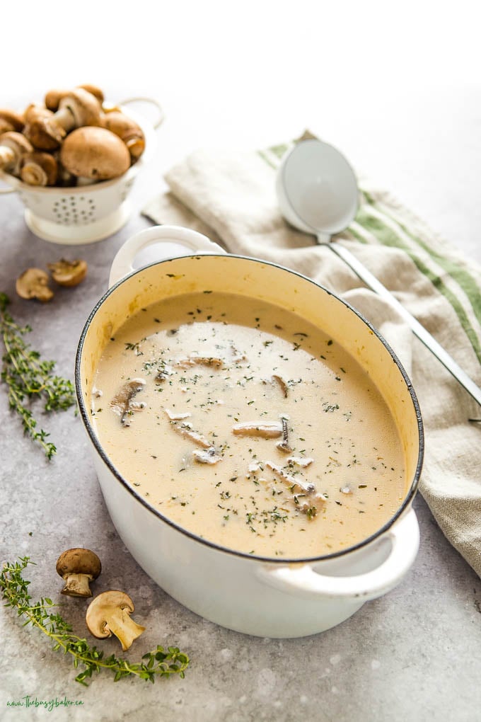 homemade creamy mushroom soup in white cast iron pot