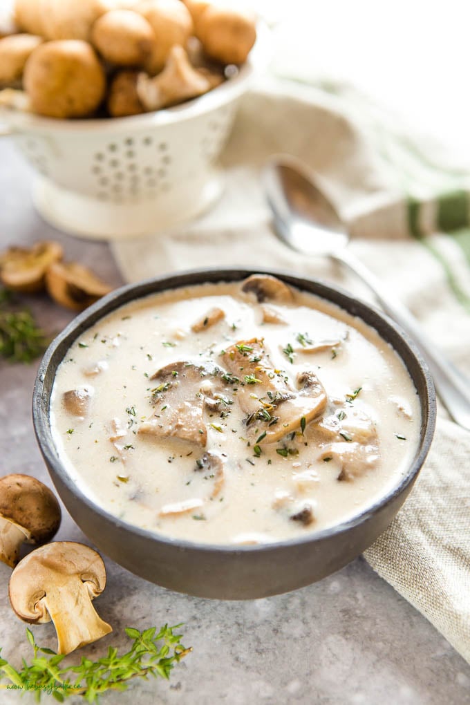 bowl of mushroom soup with fresh mushrooms