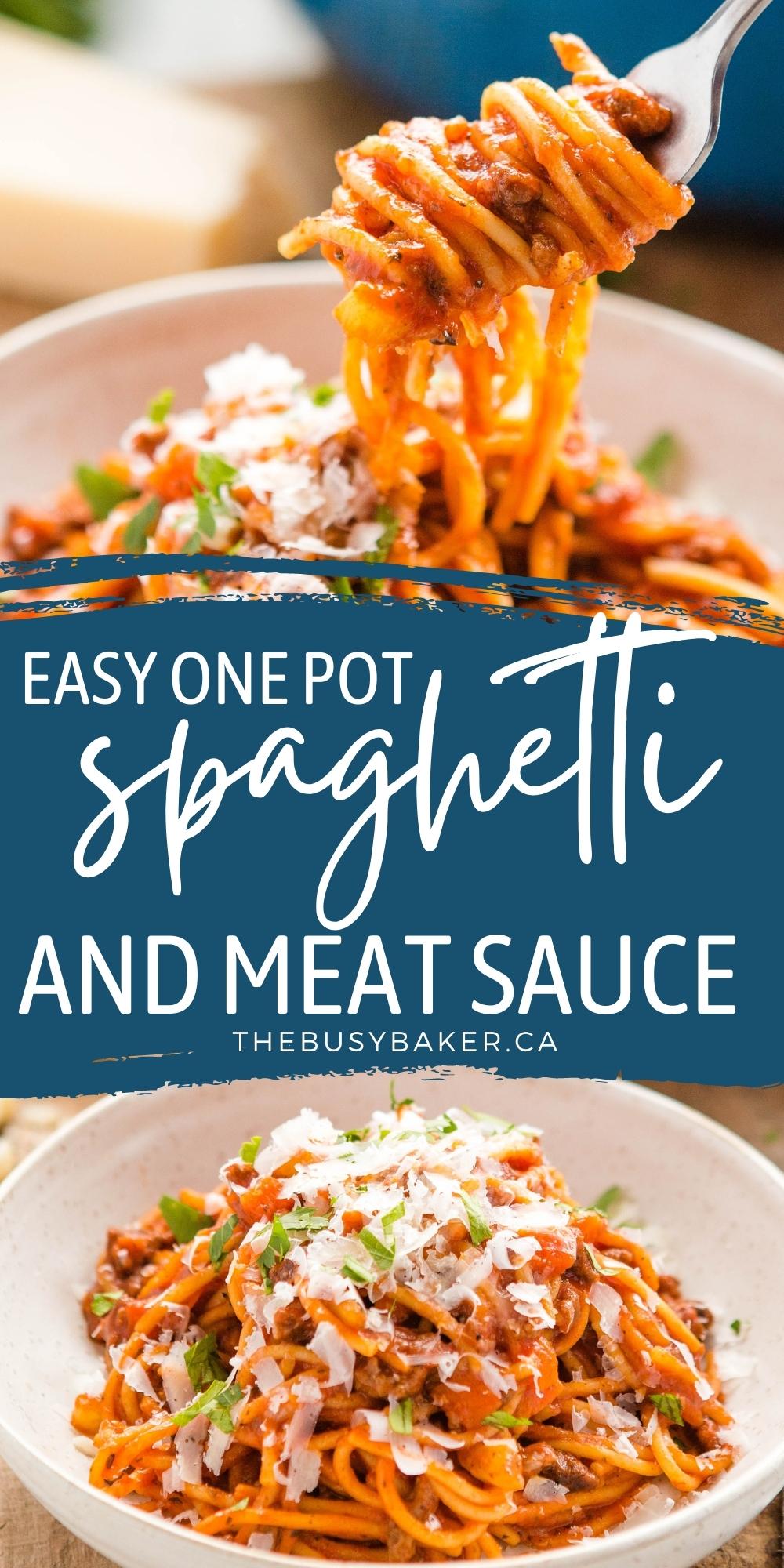 This One Pot Spaghetti and Meat Sauce is a family favourite weeknight meal! Simple pasta cooked in a beefy tomato sauce, kid-friendly, easy and delicious! Recipe from thebusybaker.ca! #onepotspaghetti #easymeal #dinner #familymeal #weeknightmeal #spaghettiandmeatsauce via @busybakerblog