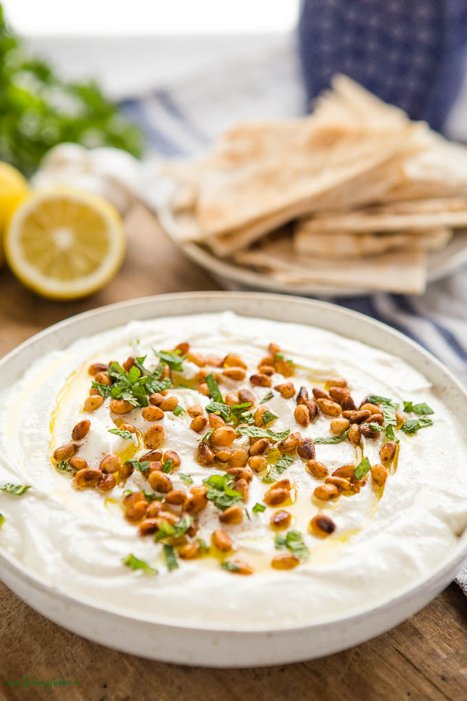 whipped feta dip with toasted pine nuts and mint