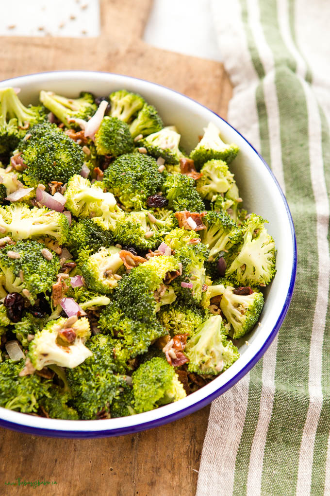 crunchy broccoli salad in white bow