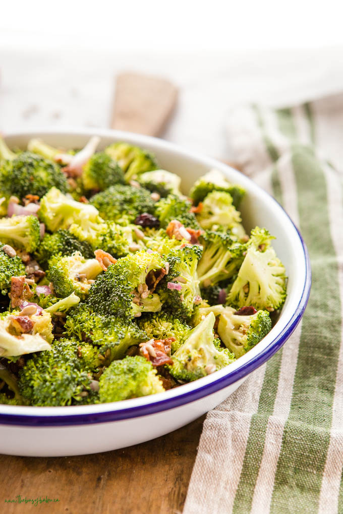 broccoli salad in white bowl