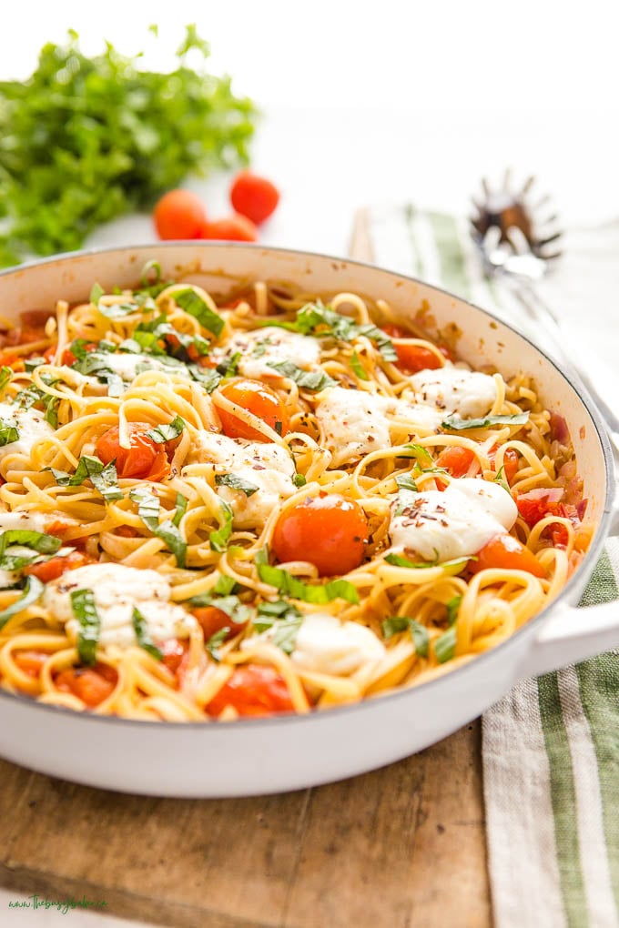 one pot pasta in white cast iron pan