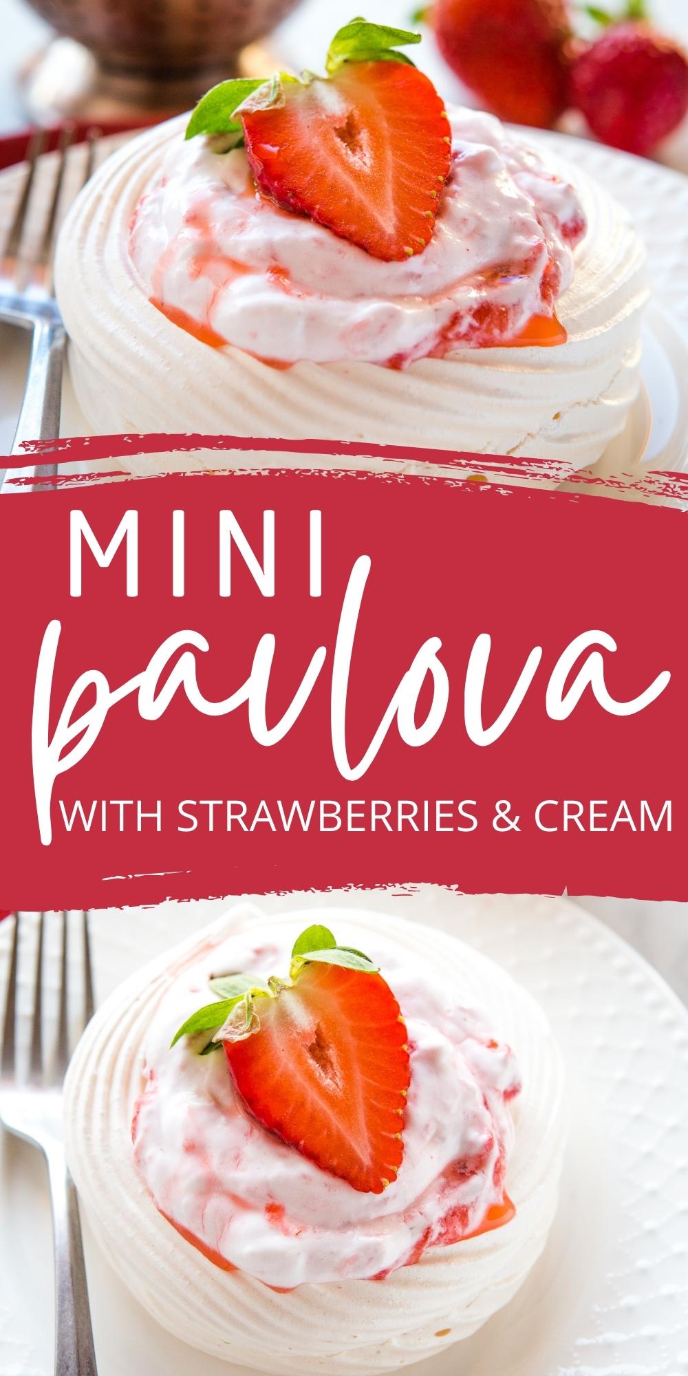 This Mini Pavlova with Strawberries and Cream recipe is the perfect light-tasting summer dessert that's gluten-free and packed with sweet cream & fresh strawberries!  Recipe from thebusybaker.ca! #minipavlova #strawberry #dessert #glutenfree #easydessert #summer #strawberry via @busybakerblog