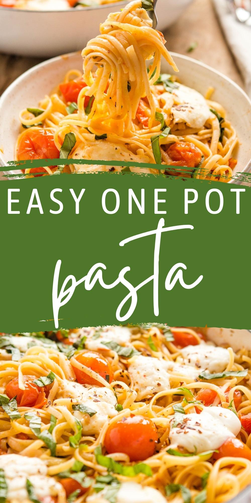 This One Pot Pasta is the best easy meal idea - simple pasta with basil, tomatoes, and fresh mozzarella - made in one pot in under 20 minutes. Recipe from thebusybaker.ca! #onepotpasta #easymeal #dinner #family #familymeal #onepot #onepan #pasta #mozzarella via @busybakerblog