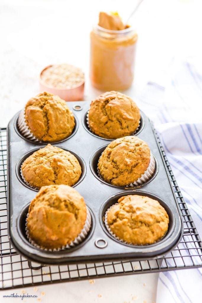 muffin tin with peanut butter muffins, with bananas and oats