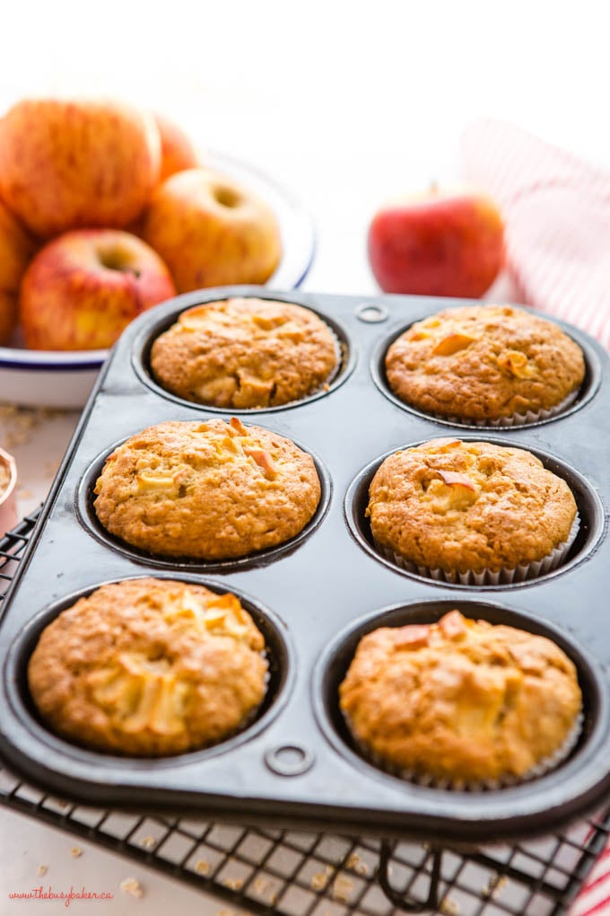 muffin tin with apple oat muffins