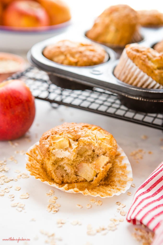interior of an apple oat muffin with chunks of apple and oats