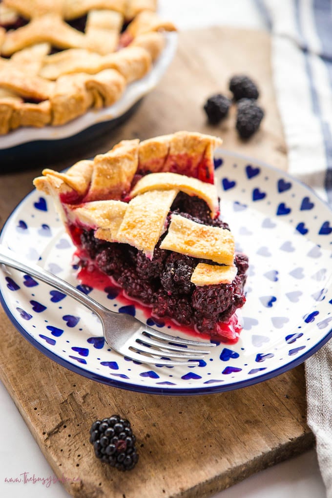 slice of blackberry pie on white plate with blue hearts