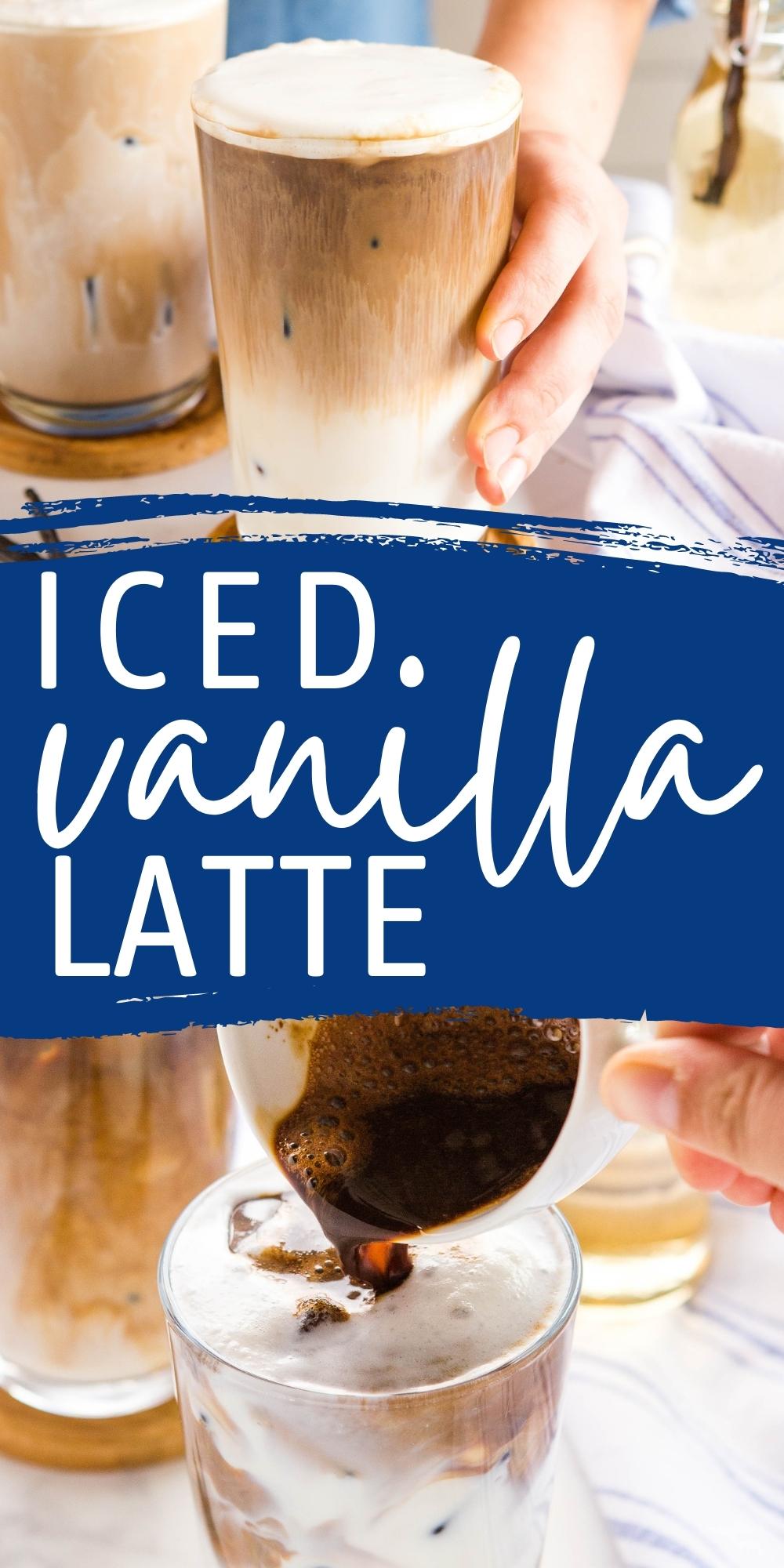 This Iced Vanilla Latte is the perfect refreshing coffee drink for coffee lovers! Simple espresso, easy syrup to sweeten, and foamed milk over ice! Easy to make dairy-free and sugar-free! Recipe from thebusybaker.ca! #icedvanillalatte #icedlattetutorial #homemade #coffee #coffeeshop #recipe via @busybakerblog