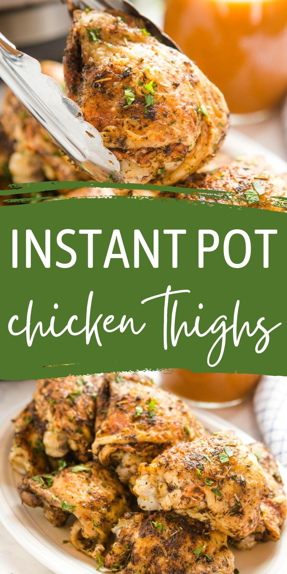 These Instant Pot Chicken Thighs are the perfect easy main dish that's on the table in under 30 minutes! Juicy roast chicken thighs with browned skin and velvety gravy  - no oven or stovetop required! Recipe from thebusybaker.ca! #instantpot #chickenthighs #instantpotchicken #easychickenrecipe #familymeal #chickenandgravy #instantpotgravy #easymeal via @busybakerblog