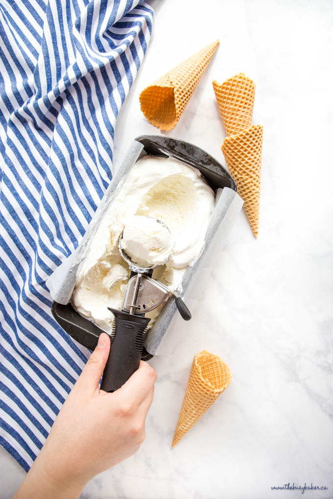 keto vanilla ice cream homemade in container with scoop