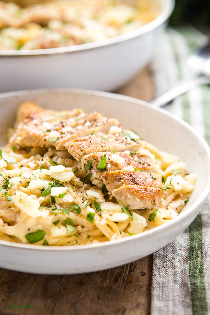 ceramic bowl with grilled chicken and fettuccine Alfredo, with parmesan and fresh parsley