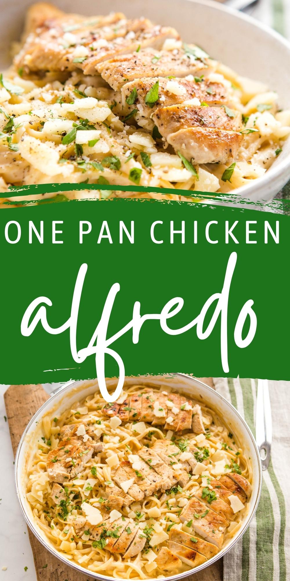 This One Pan Chicken Alfredo Pasta is a delicious and easy weeknight meal with chicken breast, fettuccine, and the easiest Alfredo sauce ever! Recipe from thebusybaker.ca! #fettuccinealfredo #chickenalfredo #pasta #easymeal #onepan #onepotpasta via @busybakerblog