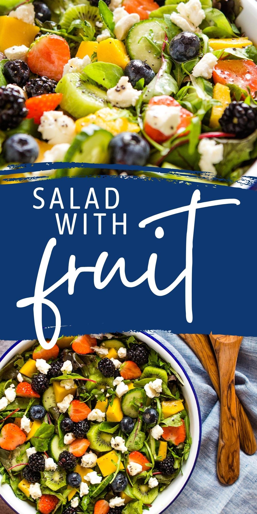 This Salad with Fruits recipe is beautifully fresh and colourful - sweet fruit and berries, mixed greens, goat cheese and a simple lemon poppyseed dressing! Recipe from thebusybaker.ca! #saladwithfruits #saladwithfruit #fruitsalad #summersalad #barbecue #healthy #vegetarian via @busybakerblog