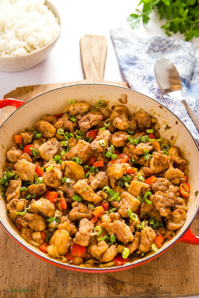 red cast iron pan with salt and pepper chicken