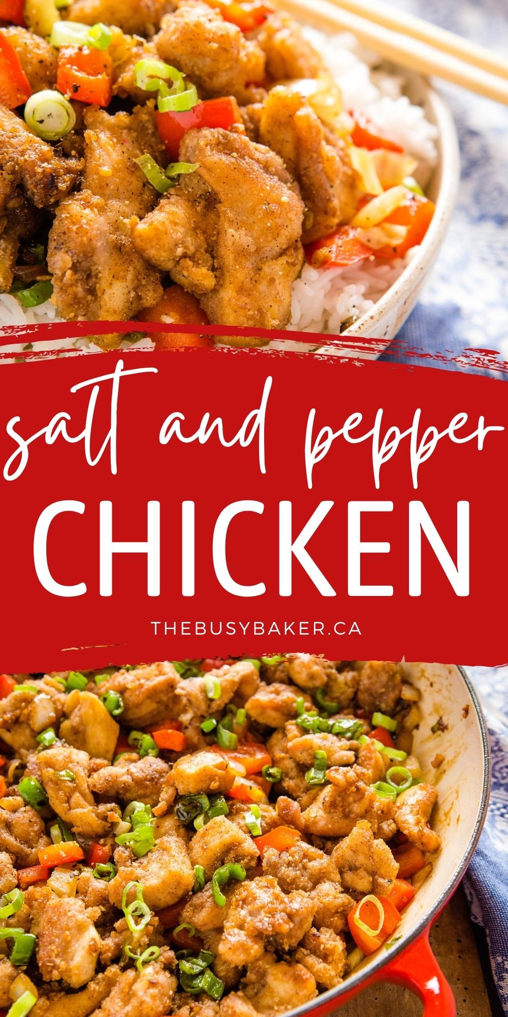 This Salt and Pepper Chicken is a delicious and easy Chinese take-out-style meal - spicy crispy chicken with sautéed veggies served over rice! Recipe from thebusybaker.ca! #chinesefood #chinesetakeout #takeout #homemade #saltandpepperchicken #crispychicken #fried #stirfry #fakeaway #easymeal via @busybakerblog