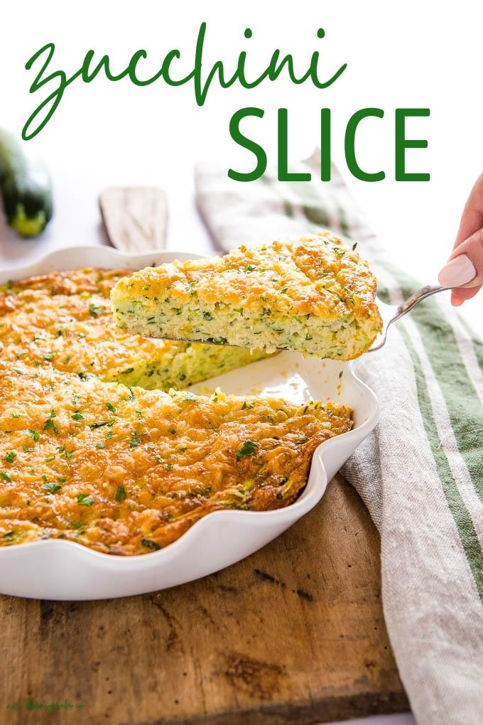 This Zucchini Slice recipe is part quiche & part pie, and it's packed with veggies, cheese, & savoury flavours! The perfect breakfast or lunch! Recipe from thebusybaker.ca! #zucchinislice #zucchini #quiche #eggs #brunch #pie #breakfast zucchini slice recipe