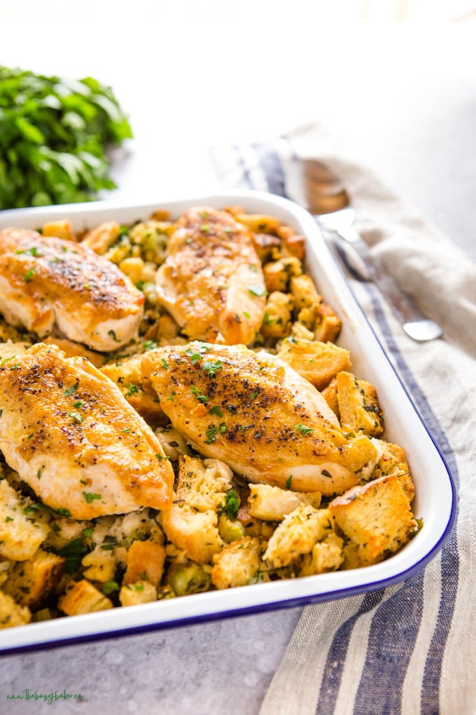 enamel dish with stuffing and chicken breasts