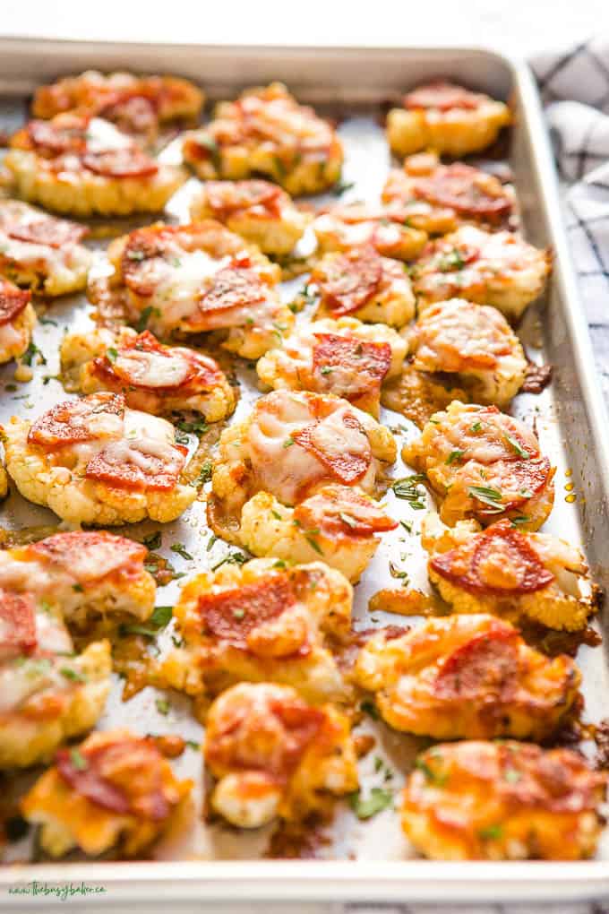 sheet pan with cauliflower pizza bites