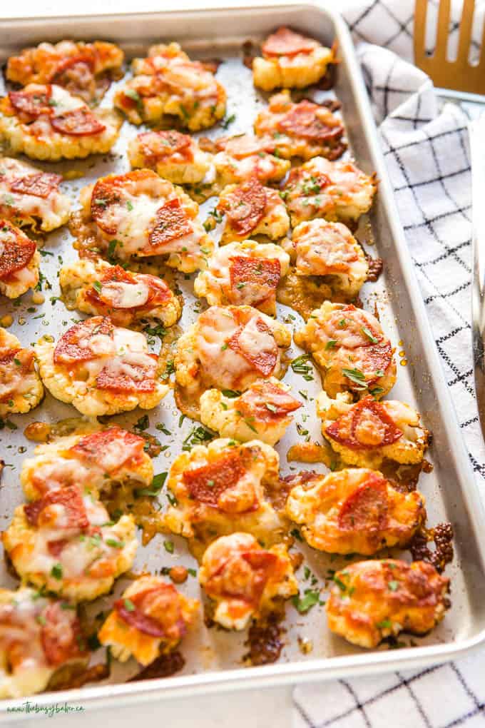 sheet pan with keto pizza bites made with cauliflower
