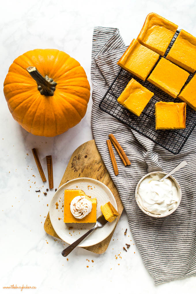 overhead image: plate with pumpkin cheesecake bar and fork, whipped cream and a pumpkin