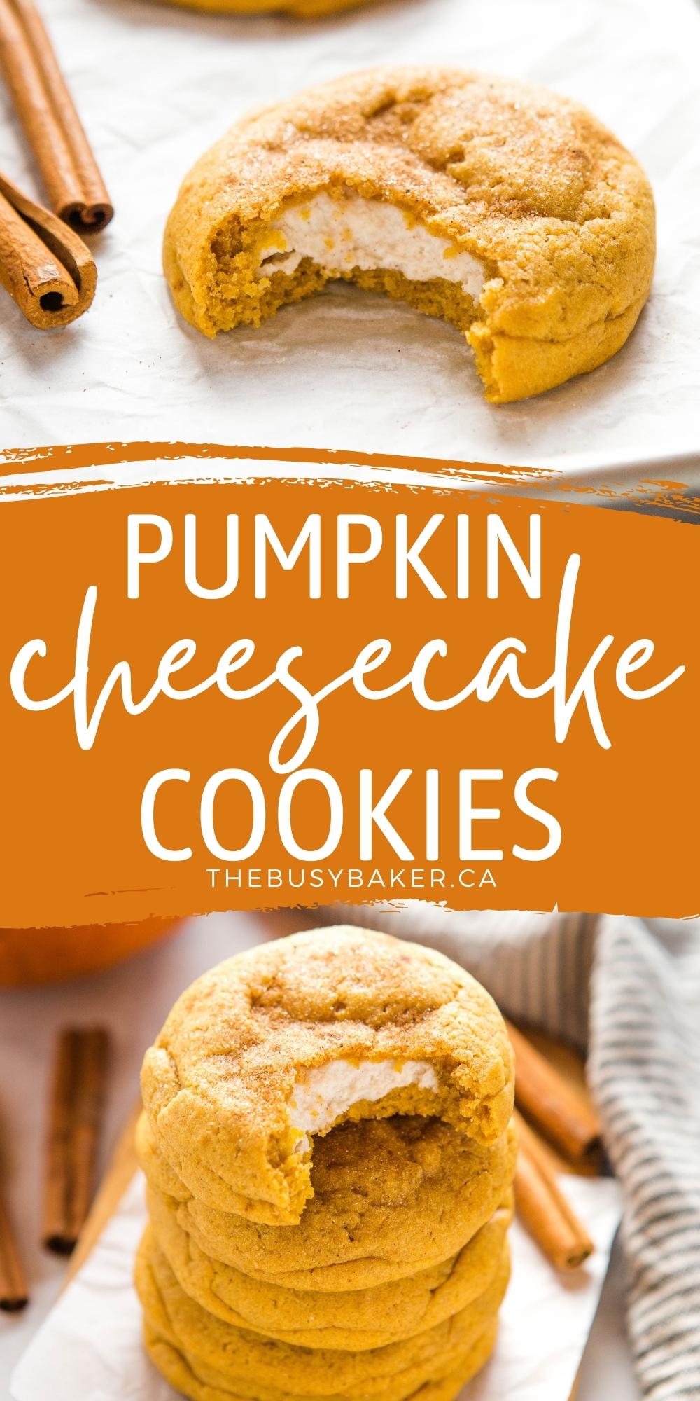 These Pumpkin Cheesecake Cookies are deliciously soft and chewy, full of pumpkin and spice, and packed with a sweet cheesecake filling! Recipe from thebusybaker.ca! #pumpkincheesecakecookies #cheesecakecookies #falldessert #pumpkincookies via @busybakerblog