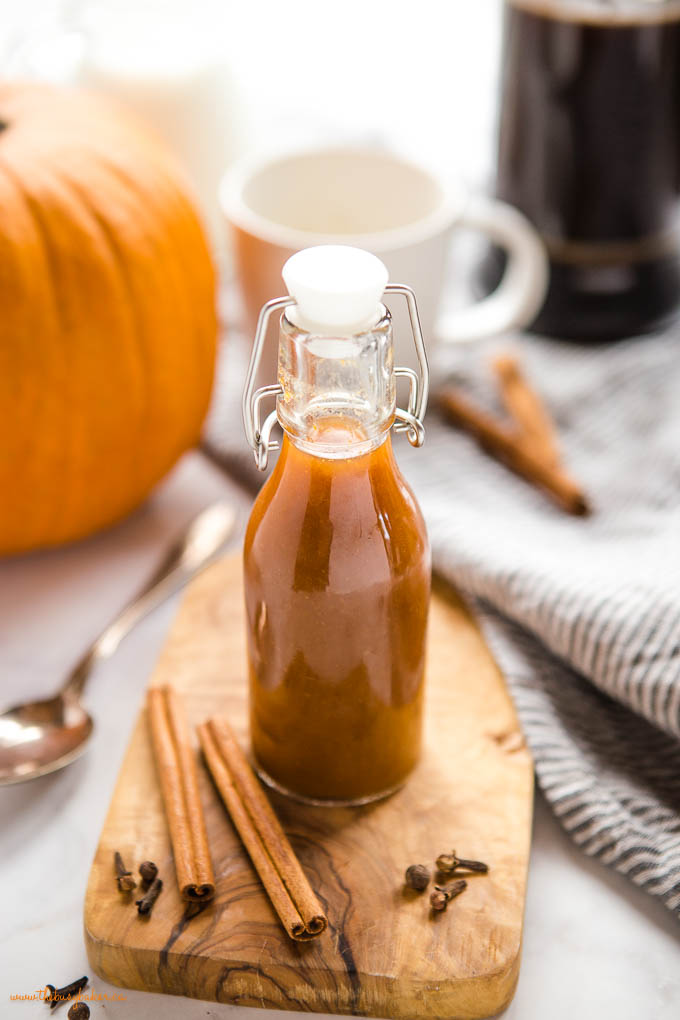 glass bottle of pumpkin syrup