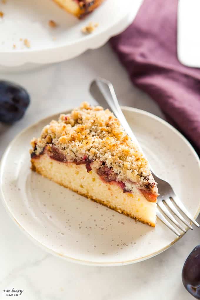 slice of plum cake with streusel topping