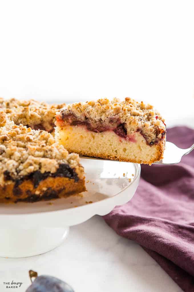 slice of plum cake with streusel topping