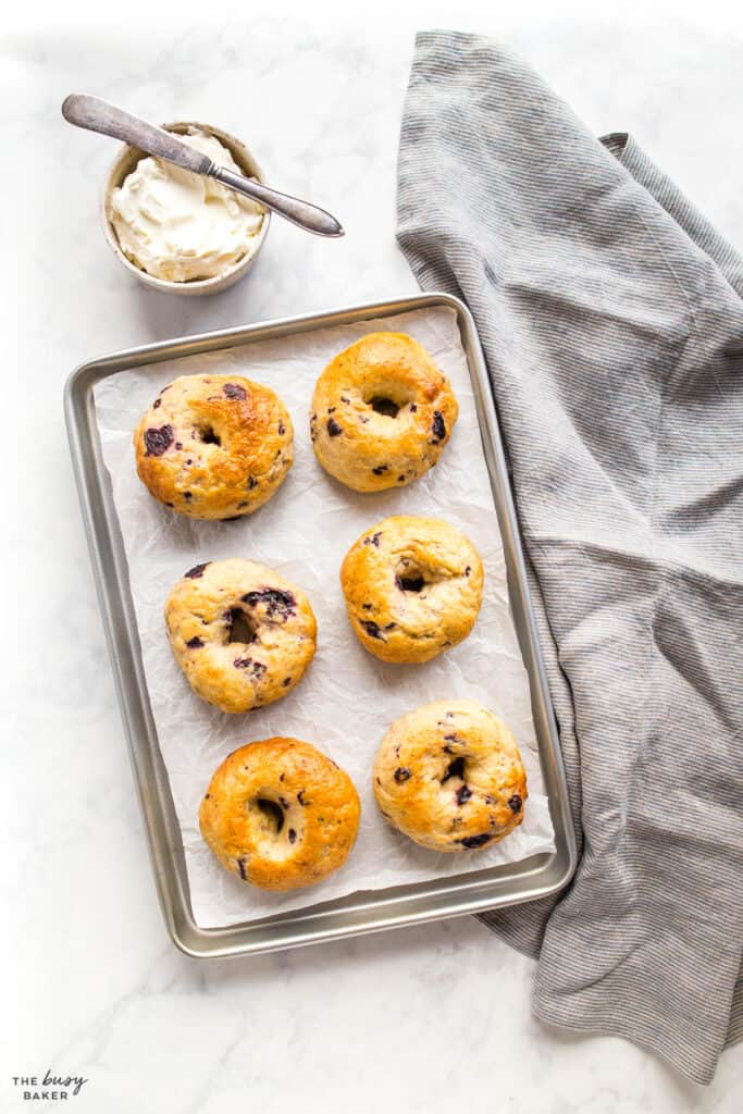 overhead image: blueberry bagels on sheet pan with cream cheese
