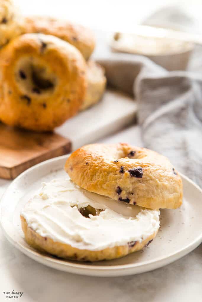 blueberry bagel on plate with cream cheese
