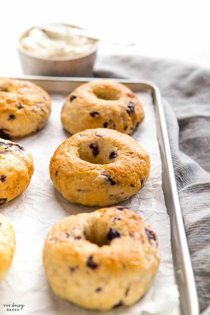 blueberry bagels on sheet pan