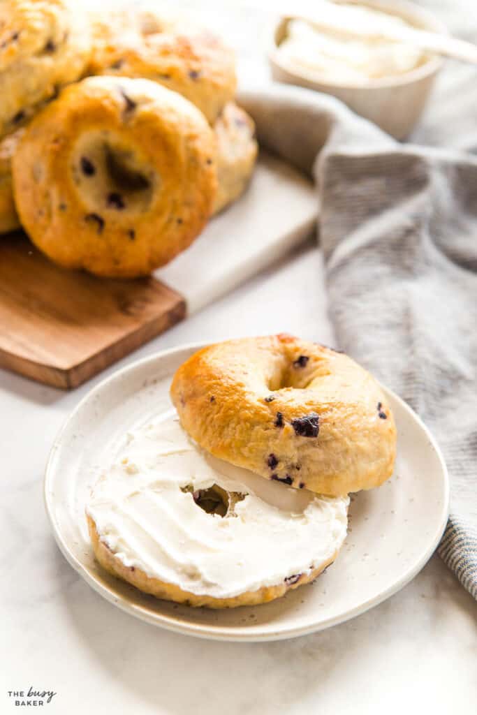 blueberry bagel on plate with cream cheese