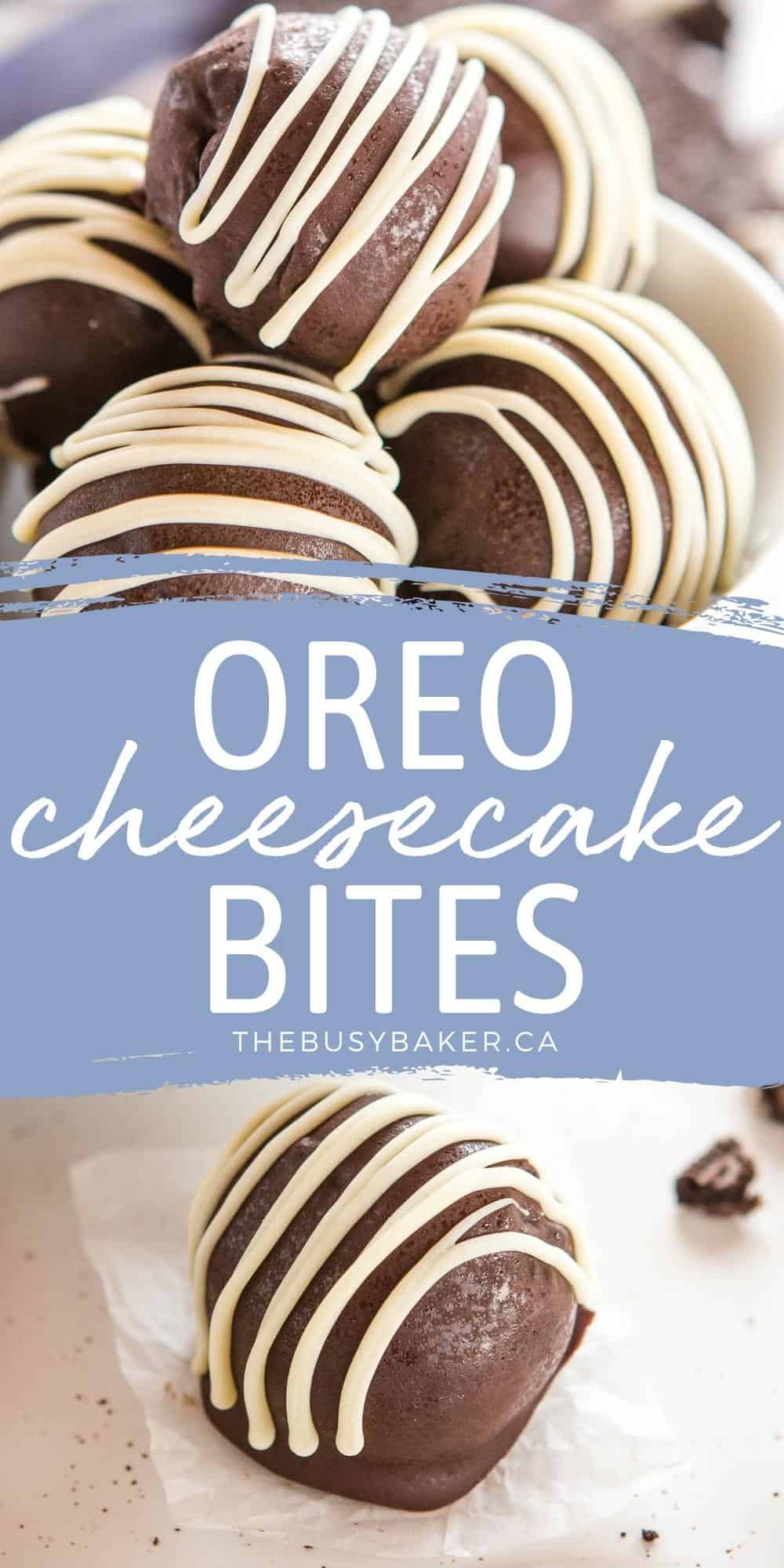 These Oreo Cheesecake Bites are so easy to make with only 5 ingredients! They're the perfect no-bake sweet treat! Recipe from thebusybaker.ca! #cheesecakebites #cakepops #holidaytreat #holidaybaking #nobake #oreocheesecakebites #oreo via @busybakerblog